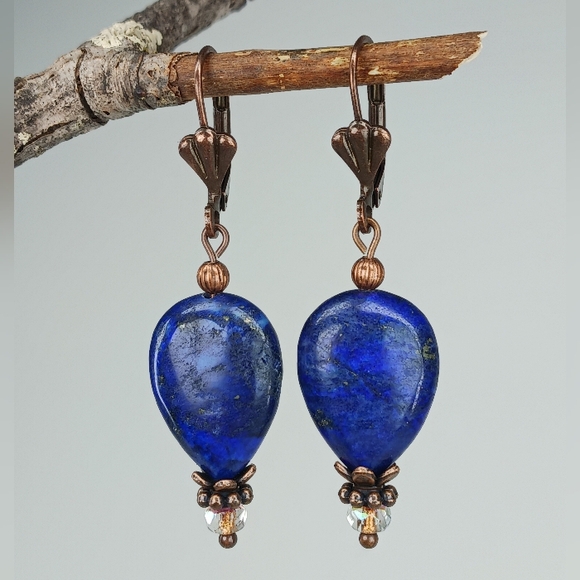 HAND CRAFTED Lapis Lazuli Blue Copper Gemstone Teardrop Rustic Dangle Earrings - Picture 2 of 6